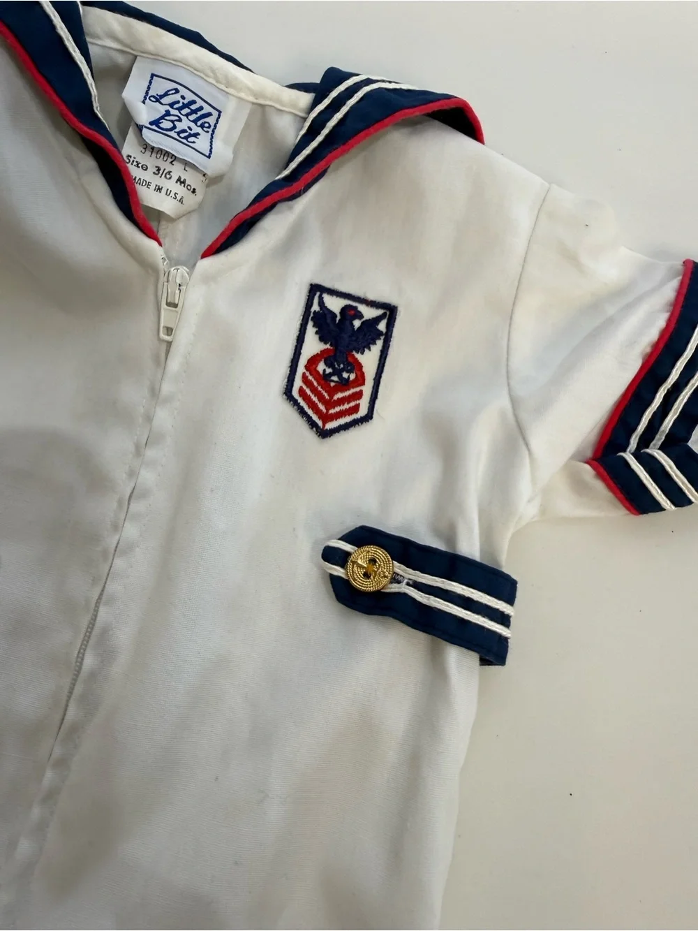 Vintage Little Bit Kids White Sailor Romper with Navy & Red Trim